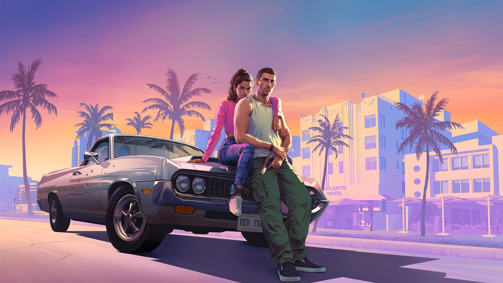 Grand Theft Auto VI artwork featuring Jason and Lucia in Leonida