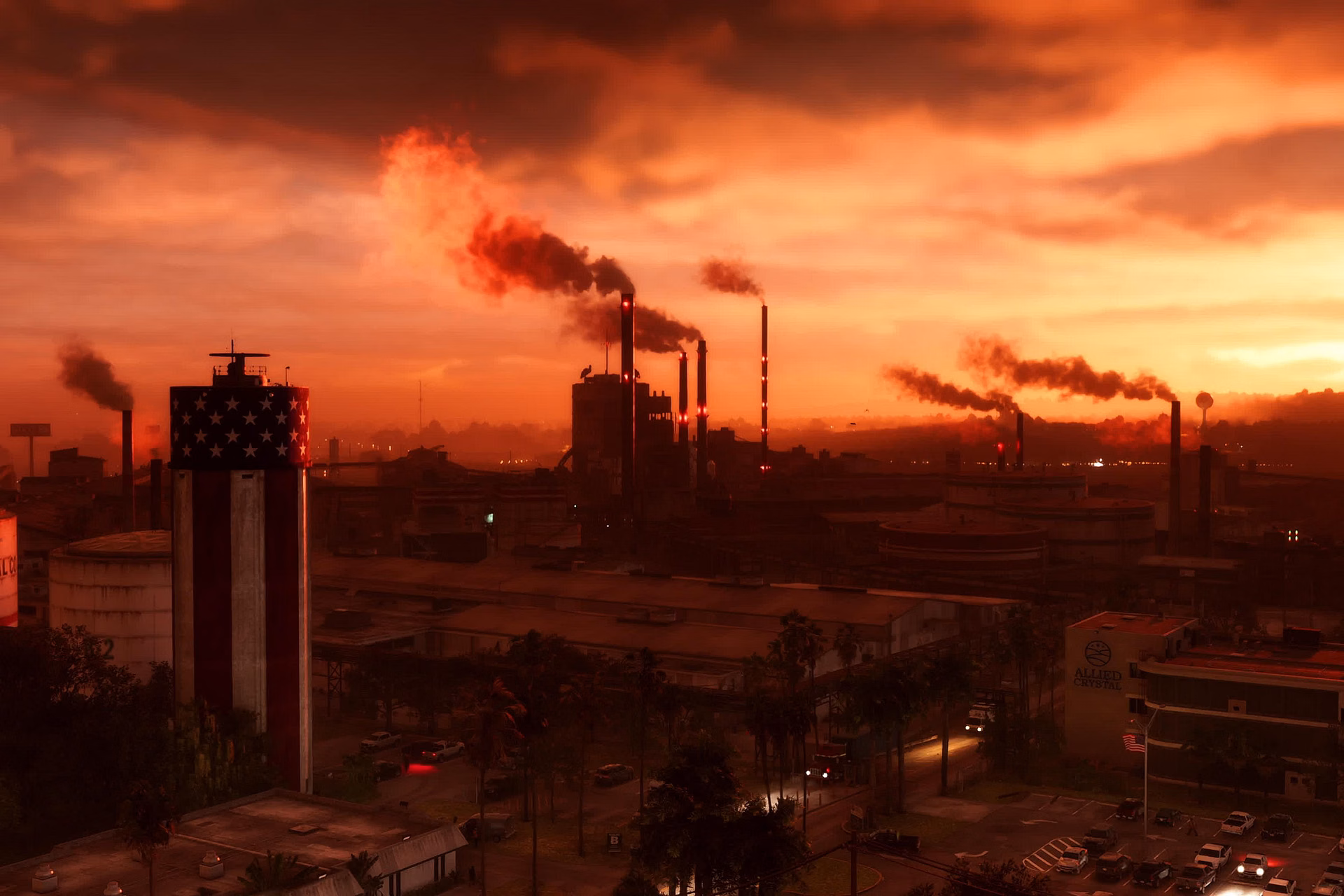 The Allied Crystal refinery filling the Ambrosia skyline at sunset