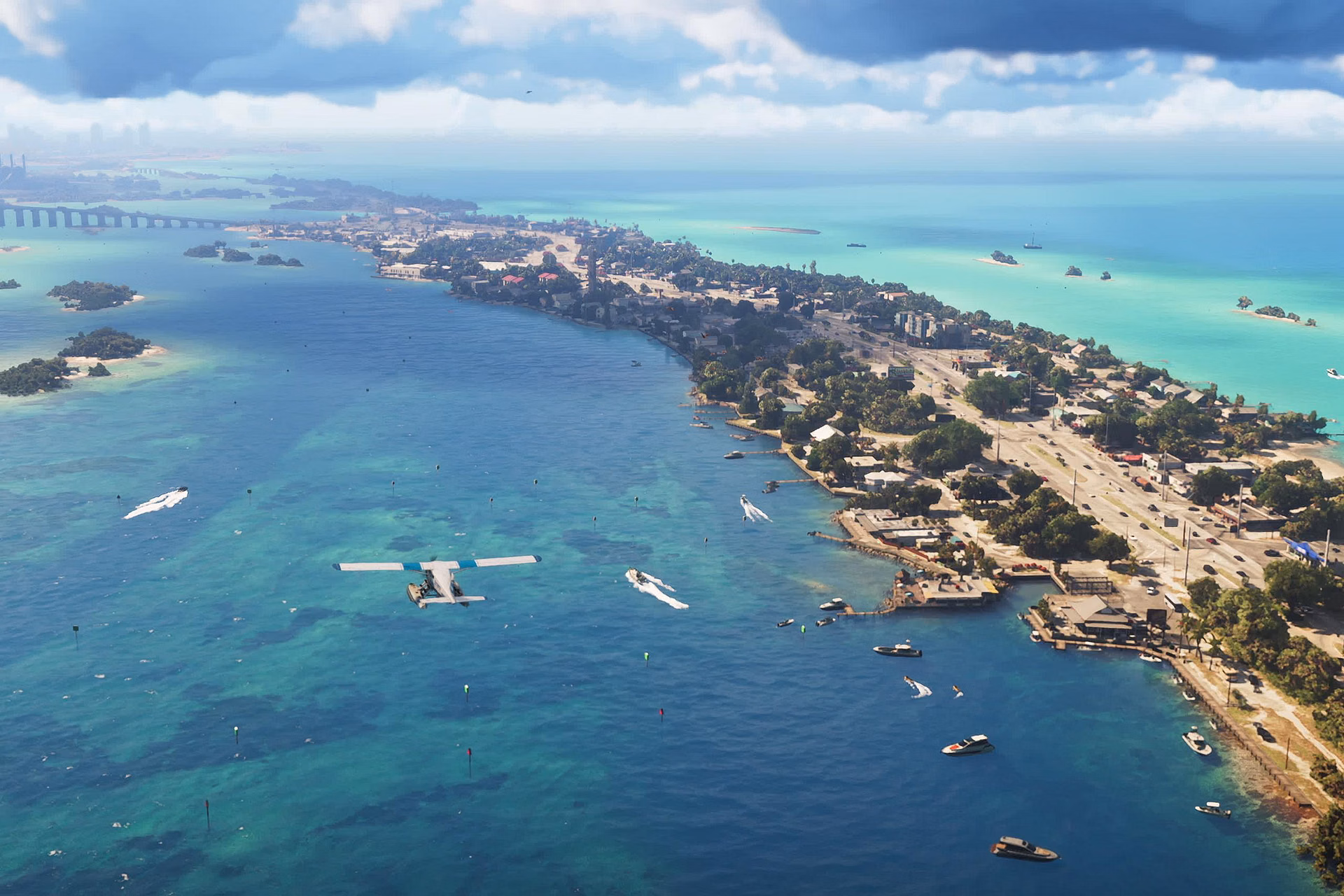 Aerial view of the islands and turquoise water of the Leonida Keys